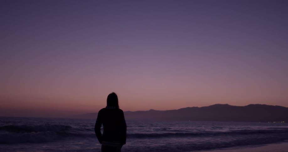 The silhouette of a woman standing at water's edge looking out towards the ocean during the evening