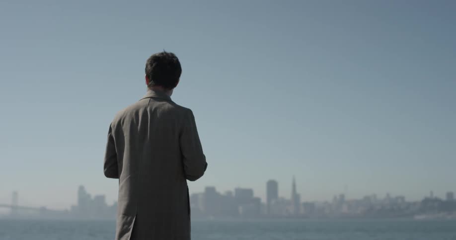 Man stands overlooking a large body of water likely a lake or ocean with a large city on the horizon and a bridge on a sunny day