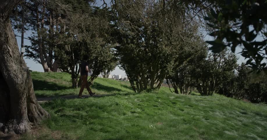 Man walking around a park with a camera