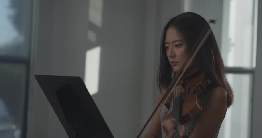 Woman playing a violin and reading sheet music