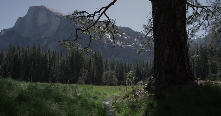 Mountainside view and green pastures with a stream of water flowing