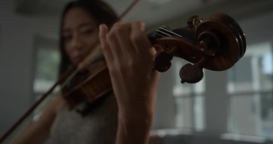 Woman smiles while playing the violin