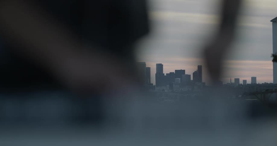 A person stands looking at a cities skyline
