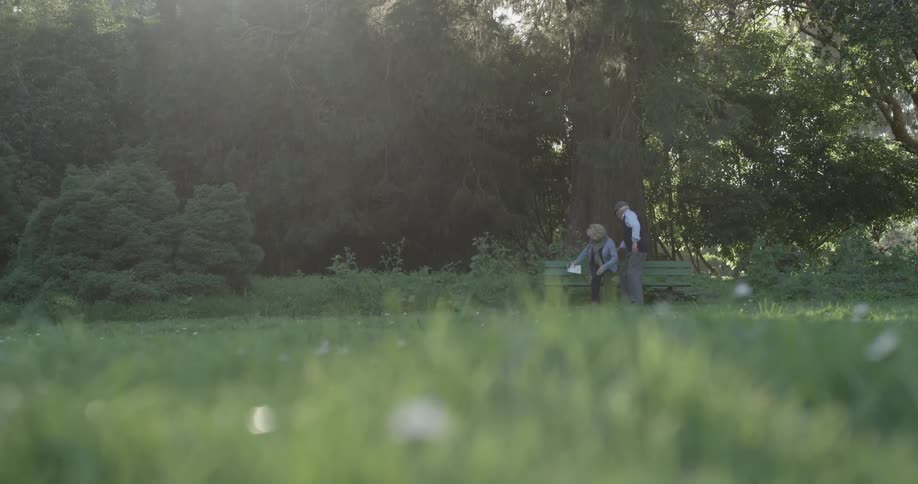 Elderly couple walk to bench in the park on a sunny day