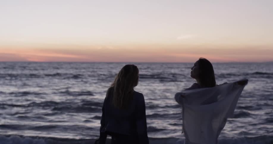 Women stretch and face the ocean on beach at sunset