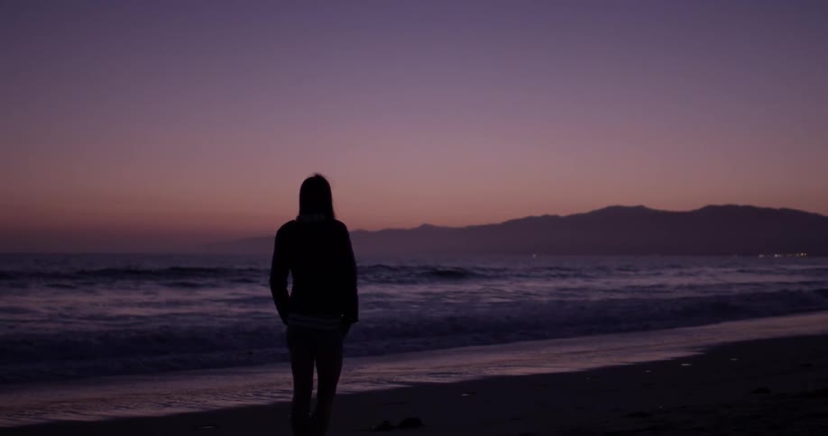 Person stands on the beach at sunset
