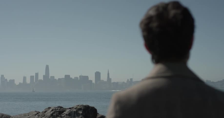 Man looks out at the bay and the city