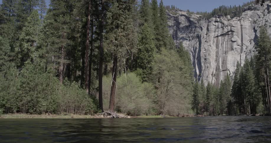 A river flows in front of a large forest with a mountain rock face and blue skies