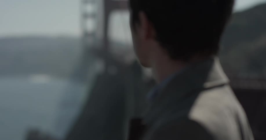 Man looks at a bridge on a sunny day