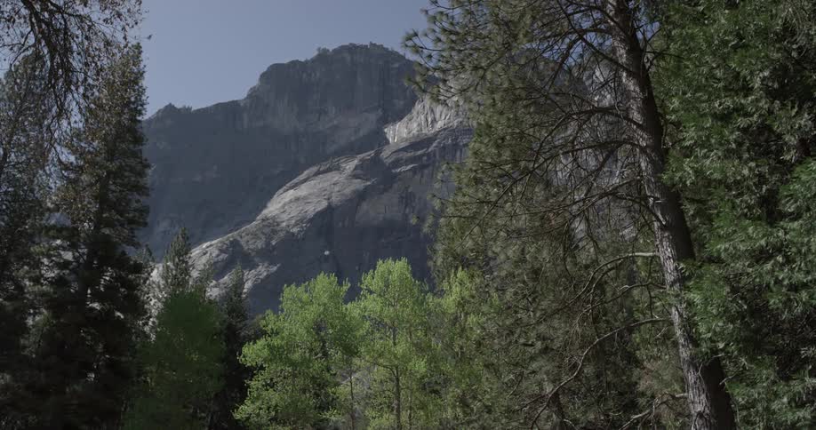 Tall mountain  peaks overlook trees under hazy daylight