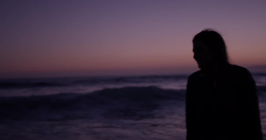 Woman walks on the beach at sunset