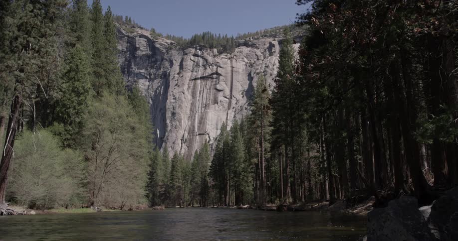 Time lapse shot from a river of a rocky cliff