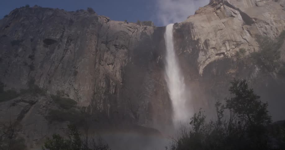 A waterfall crashes into the rocks below creating a rainbow and spewing mist all over
