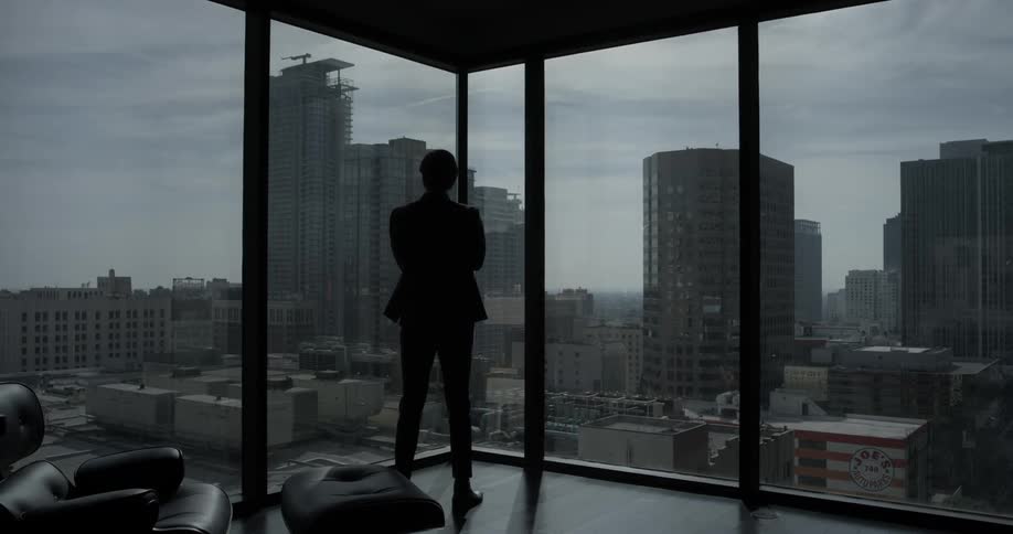 A man stands in the corner of an office room looking out at the city through tall windows