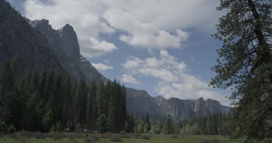 A forest lays at the base of a vertical cliff and then a large mountain comes into view
