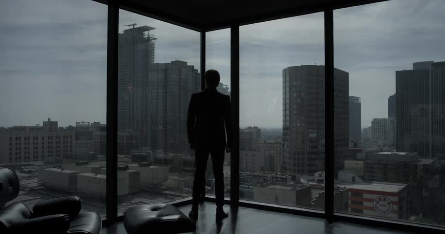 Man wearing a suit looking out a high rise window