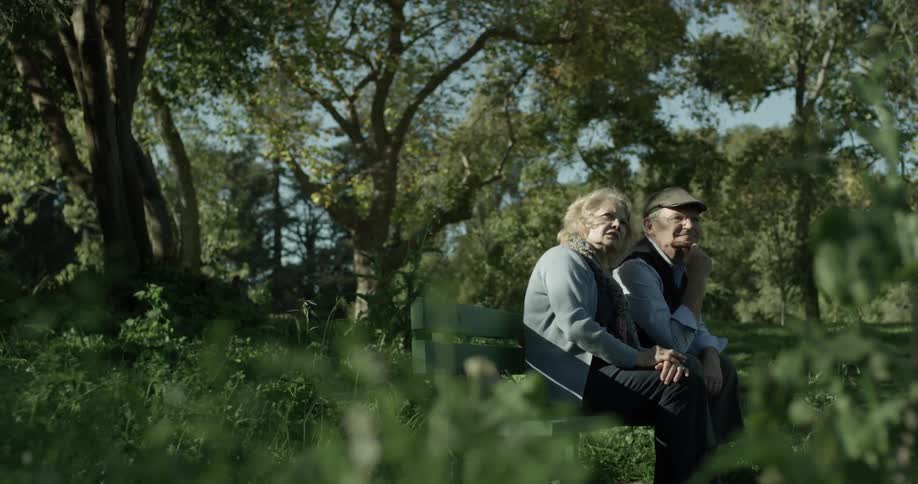 Man and woman sit on a bench while watching something in the distance