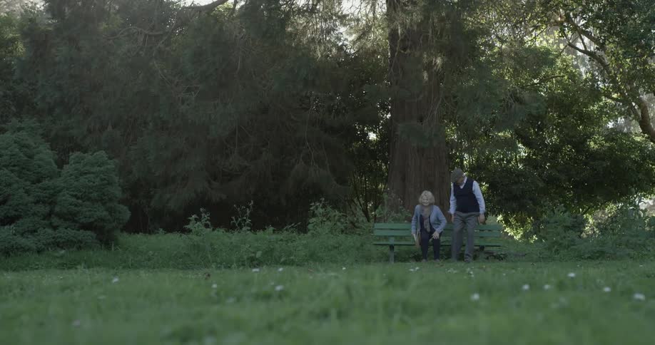 An elderly women and man are walking in the park towards a park bench to sit down