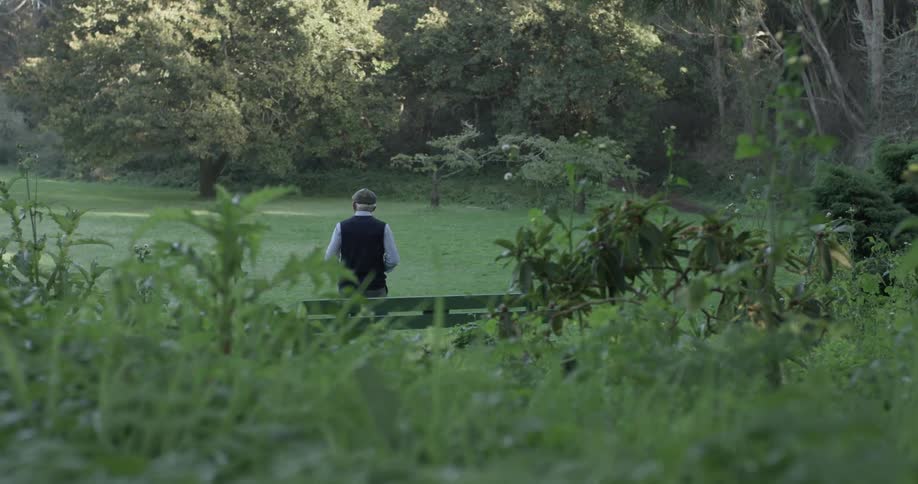 A man gets up after sitting on a bench and walks forwards into the meadow of the park