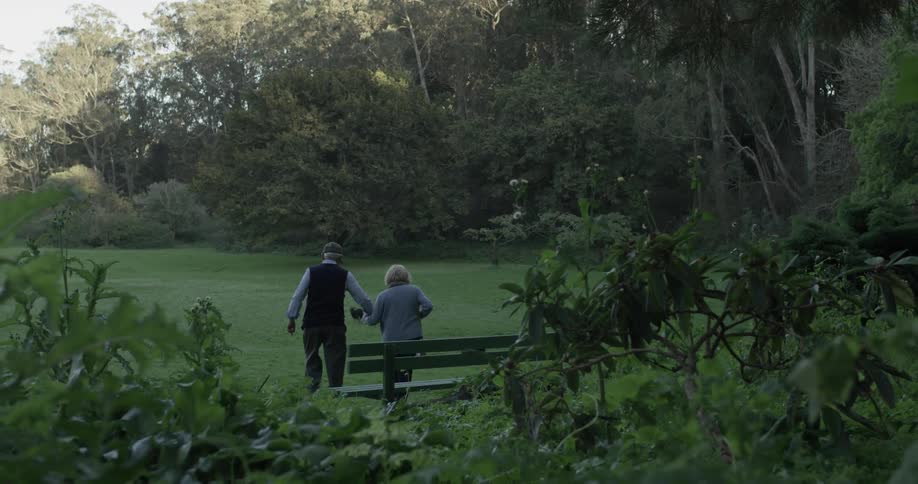 A couple sitting on a bench stands up and starts walking forward hand and hand