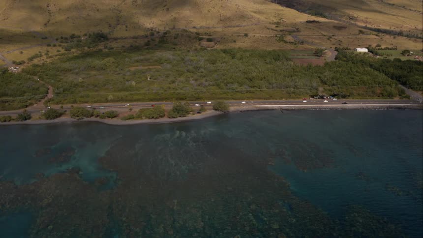 Aerial shot of the ocean panning up plains and to a mountain