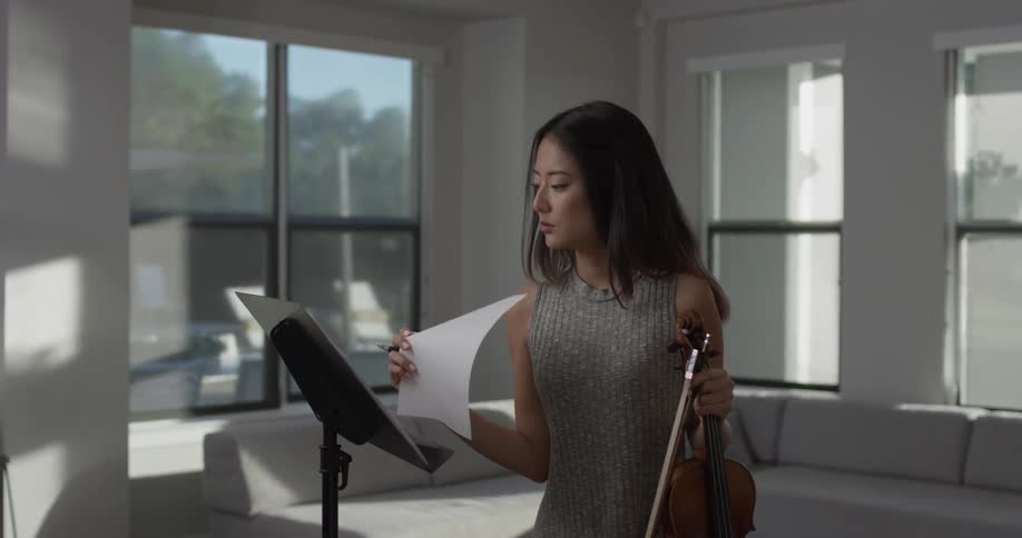 A woman reading sheet music with a violin