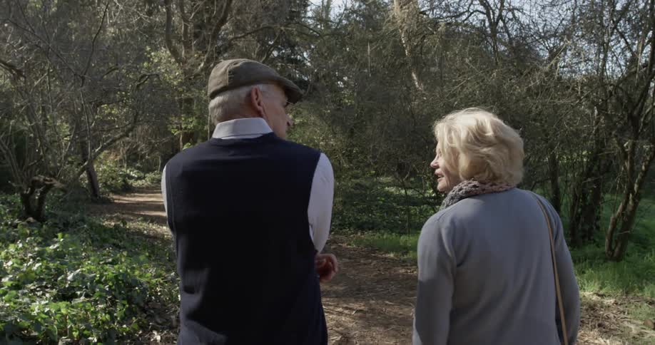 An elderly man and woman walk along a tree-lined path