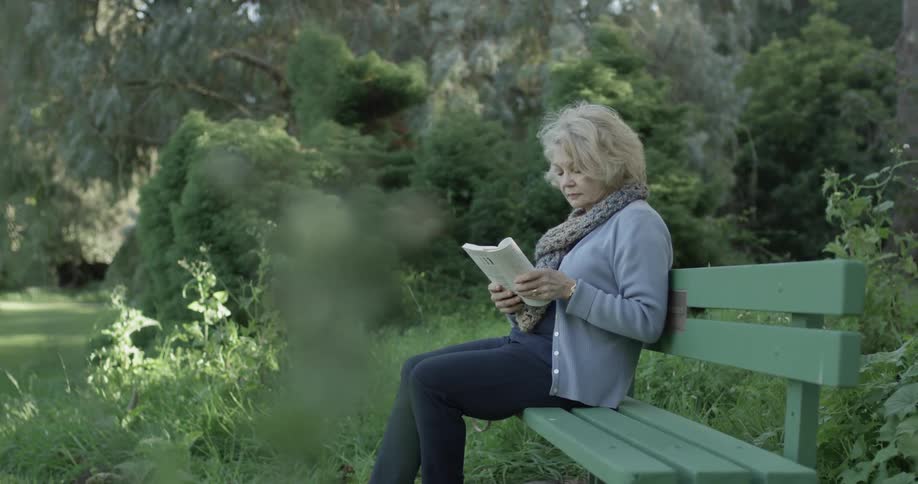 Elderly women sits on a park bench and reads a wood on a sunny day in the shade