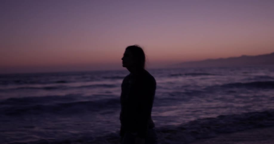 A woman walks along the shoreline in the sunset