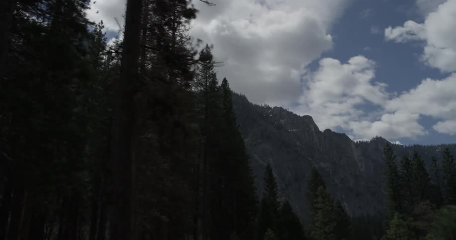 There are clouds above a wooded area