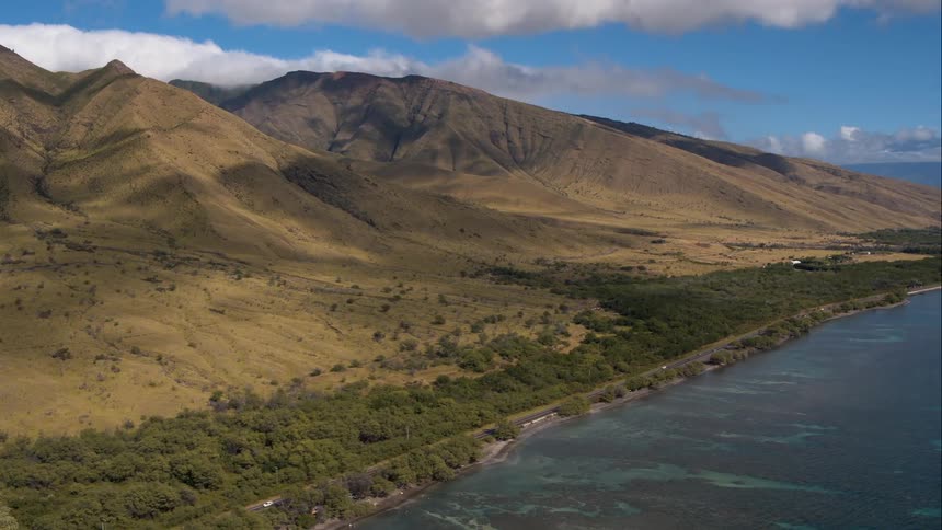 Aerial shot of a forested hills beside the ocean