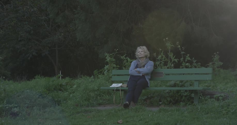 A woman sitting on a bench under large trees
