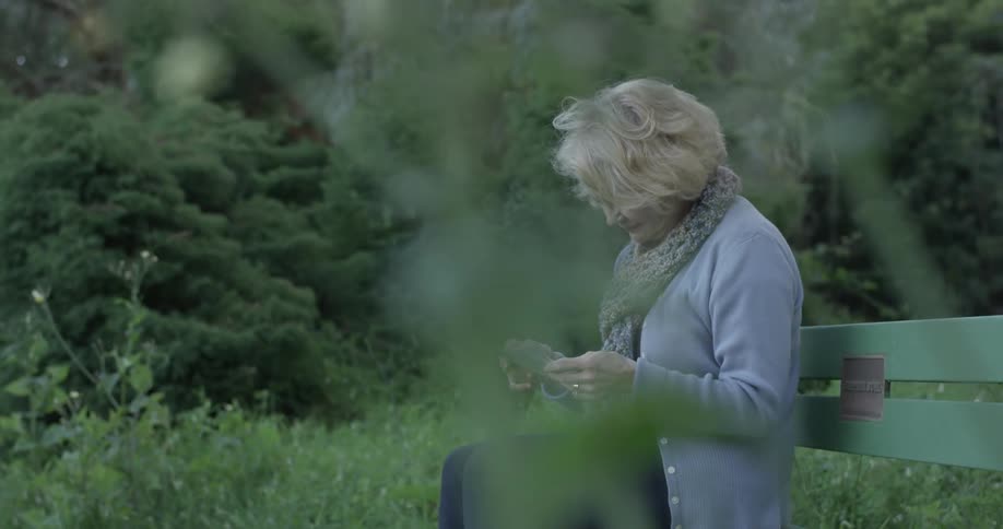 Woman sits on bench and looks at photographs