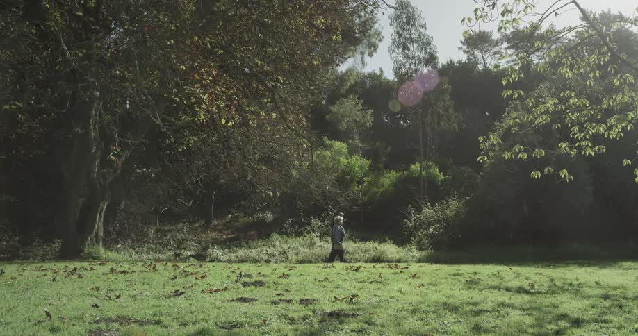 Elderly couple walks through the park trail on a very sunny day and the sun beams down on them in a grassy field full of trees