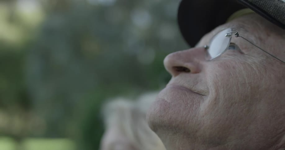 Elderly couple sitting at the park look up at the sky and smile on a sunny day