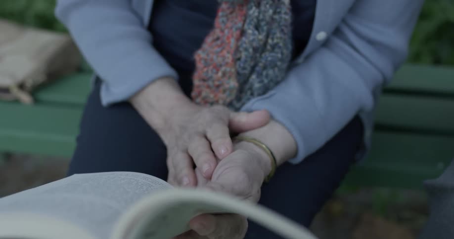 Elderly women is conversing with someone and sitting on a park bench on a sunny day in the shade and reading a book