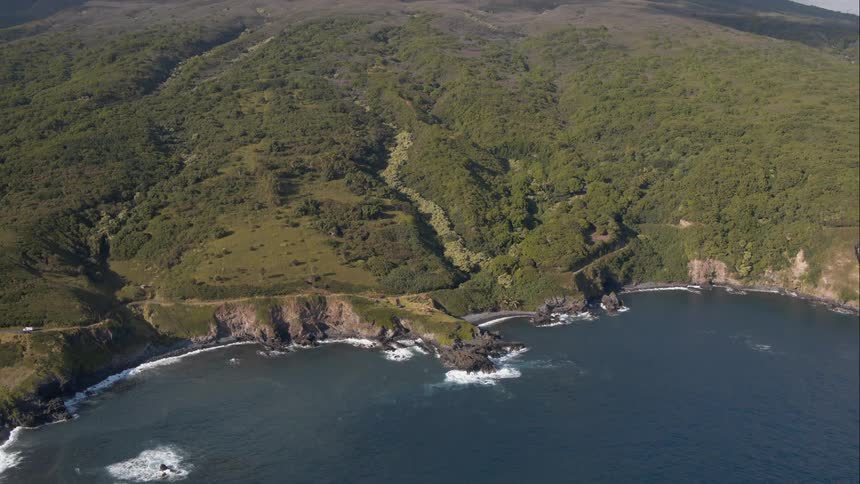 Ocean waves alongside rolling green tree lined hills