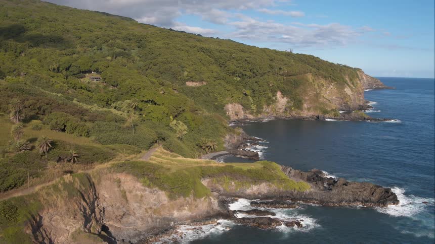 Sea and green covered hills from twisting shore