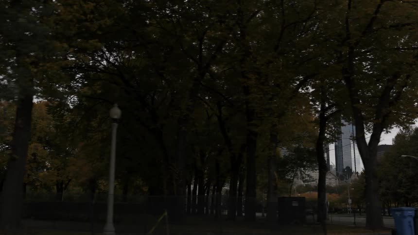 A view of buildings and a park while driving down a city street