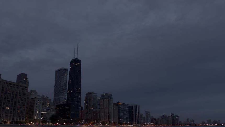 A city skyline at night