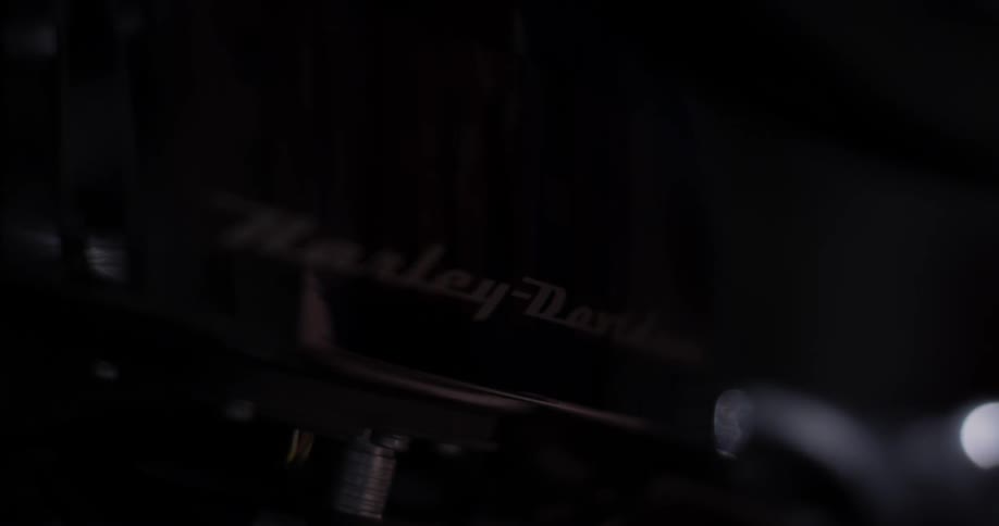 The reflection of someone is seen on a shiny harley motorcycle
