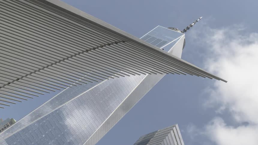 Fast motion of clouds rolling by tall skyscraper