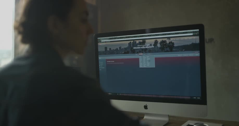 A woman is looking at a computer