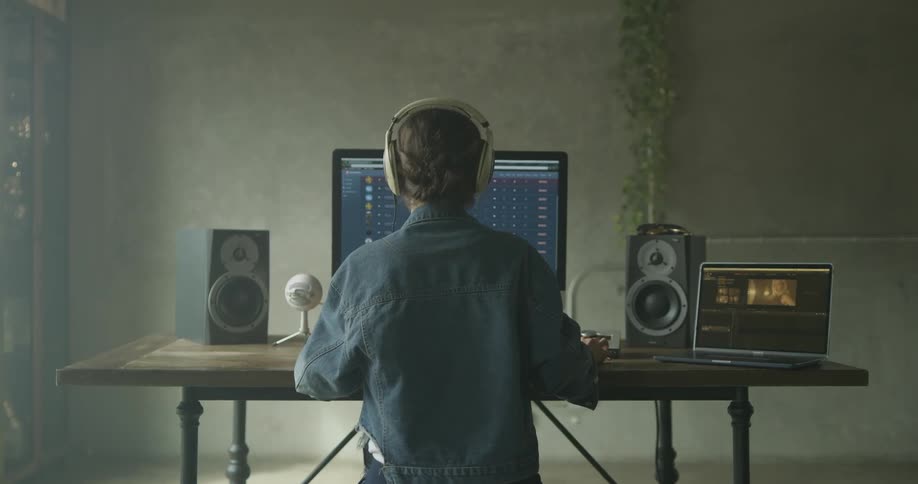 A woman puts headphones on at a studio computer
