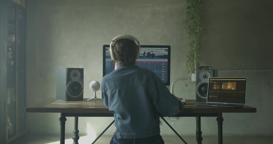 Woman sits in front of a monitor listening to headphones