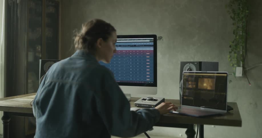 A woman works on a computer in an office