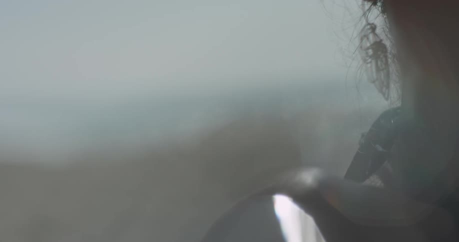 A woman's hair and earring blow in the breeze