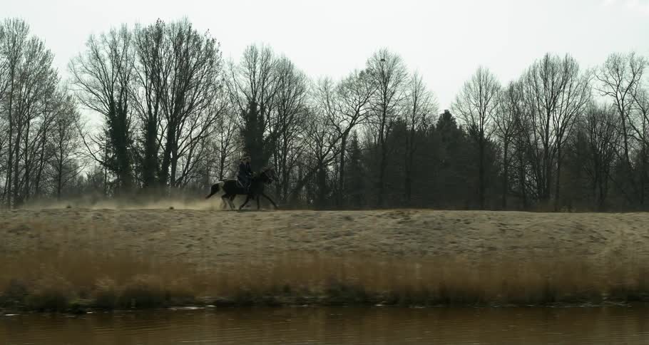 A person is riding a horse outside