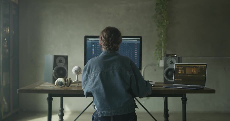 Woman sits at desk working on computer