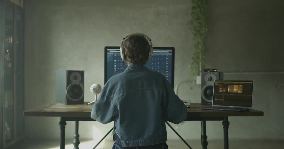 A person wearing headphones scrolls through the computer screen in front of them
